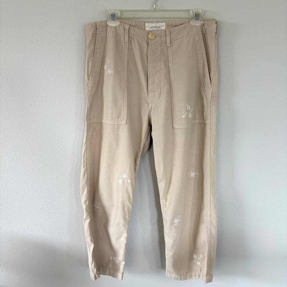 THE GREAT. Beige Cotton Floral Embroidered Pants (28)